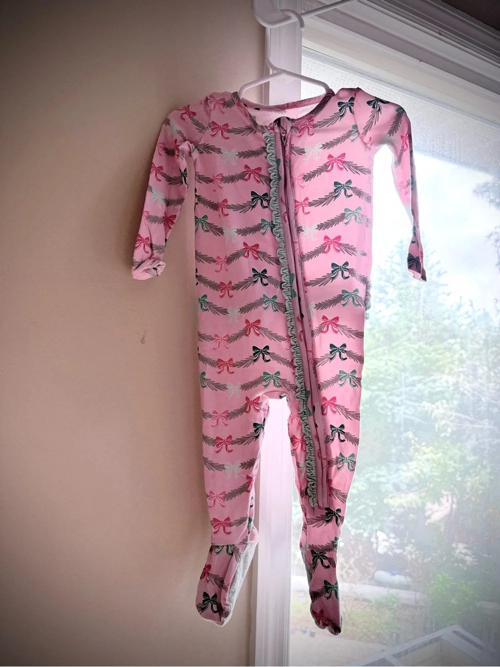 3 for $25 Pink Bow-Print Footed One-Piece Pajamas with Ruffle Zipper